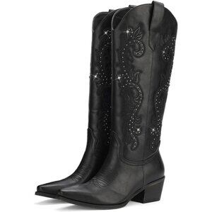 ⚡Women's Black Wide Calf Cowgirl Boot Embroidered Western Square Toe Chunky Heel